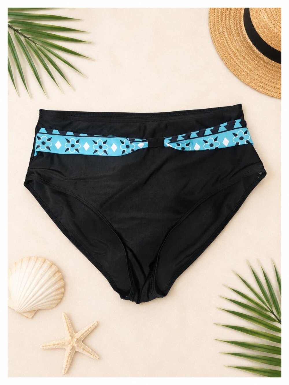 Women's Black Bikini Swim Bottoms with Aqua Floral accent band – Size XXL